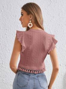 SHEIN VCAY Camiseta Con Bordado Hueco Y Flecos En El Dobladillo - Rosa vieja - Ver 2