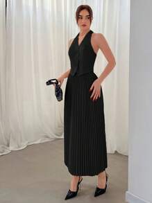 SHEIN 女士情人节挂脖单排扣背心和百褶裙两件套秋冬 - 黑色 - 查看 3