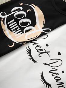 少女4入組簡約時尚的心臟、睫毛印花、月亮和英文字母印花t恤與棕色格紋褲子組合,適用於家居穿著 - 白色 - 查看 3