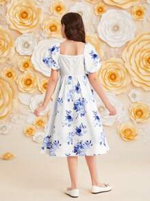 SHEIN DRMZ Tween Girl Tween Girl Waist Gathering Long Dress With Square Neckline, Floral Print, Short Puff Sleeves And Bubble Hem