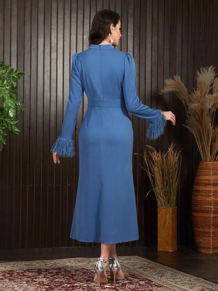 Slit Hem Cuff Patchwork Shift Dress With Keyhole Neckline Long Evening Dresses