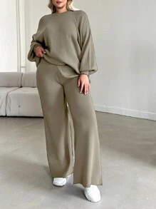 SHEIN Cottnline Plus Size Women's Lantern Sleeve Raglan Sleeve Sweater Set - Mocha Brown - View 1