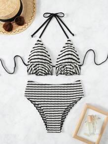 Swim Mod Summer Beach Frilled Edge Striped Bikini Set - Black and White - View 1