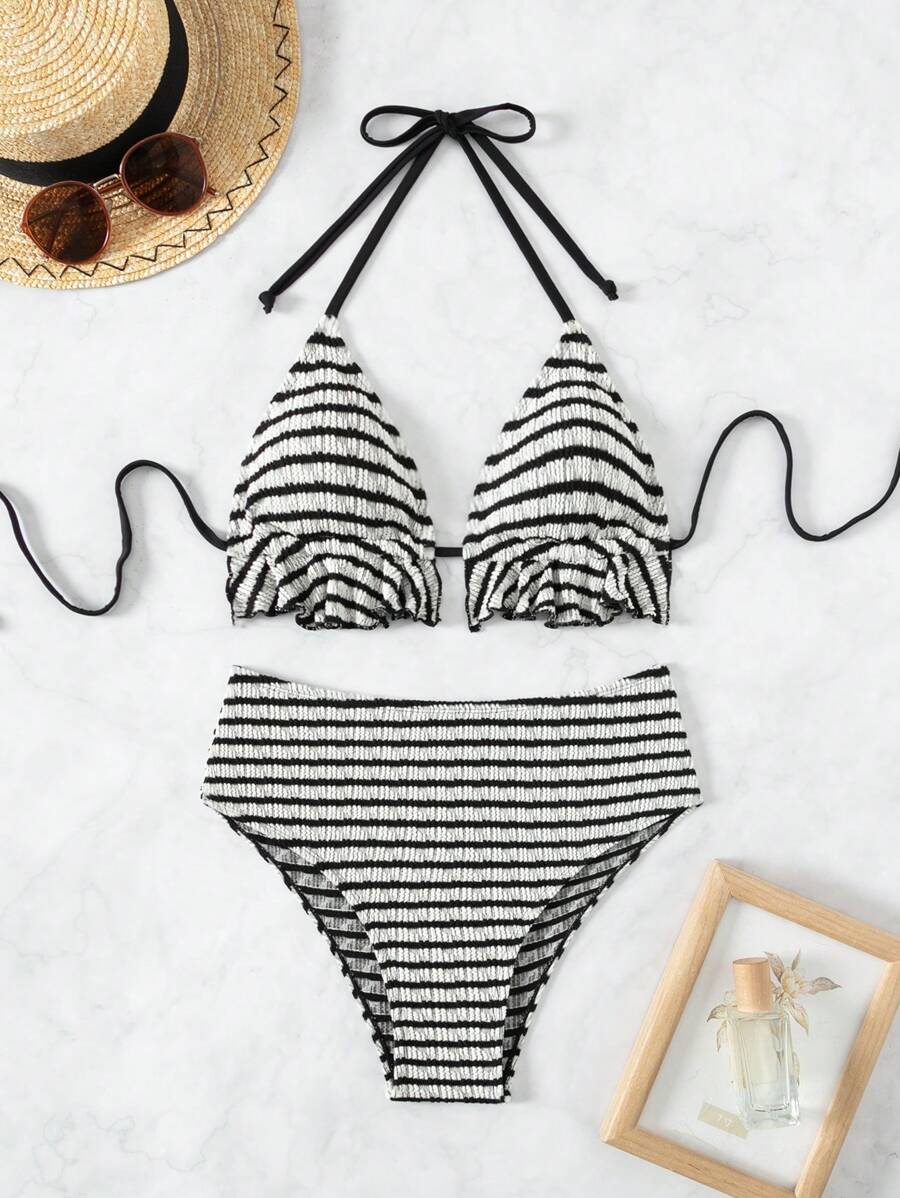 Swim Mod Summer Beach Frilled Edge Striped Bikini Set - Black and White - View 1
