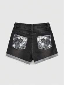ROMWE Goth Women's Wing Pattern Printed Pocket Denim Shorts - Dark Grey - View 1