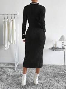 EMERY ROSE Khối màu Cạnh cuộn Nút xuống Tách Đầm Áo len - Đen và trắng - Xem 2