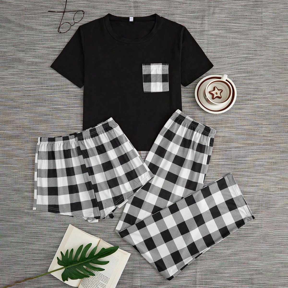 Conjunto De Pijama A Cuadros Para Mujer Con Bolsillo De Parches En La Parte Superior Y Pantalones