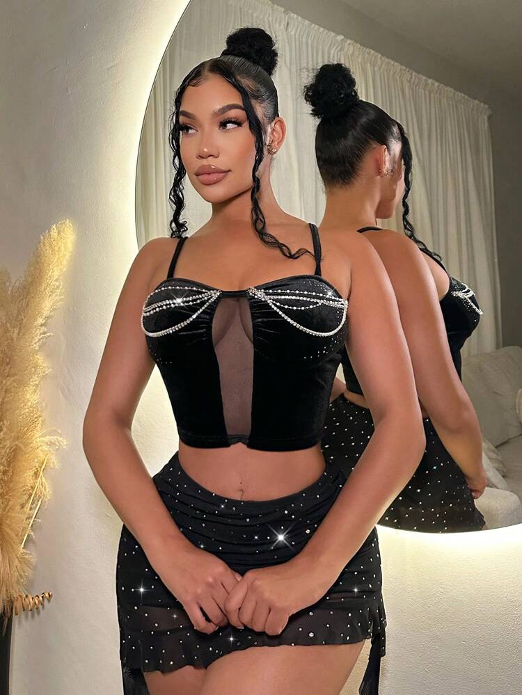 Women's Sleeveless Top With Rhinestone, Pearl And Chain Decorated Shoulder Straps