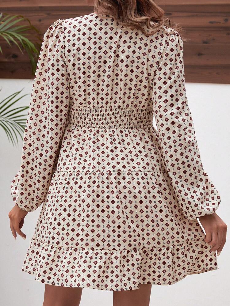 Pregnant Women's Geometric Printed Lantern Sleeve Dress For Maternity