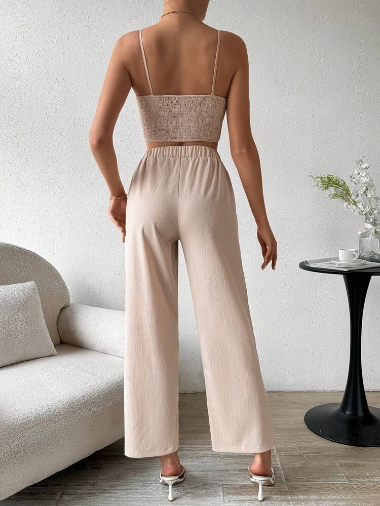 Women's Solid Color Sleeveless Camisole Top And Buttoned Loose Pants Two-Piece Set