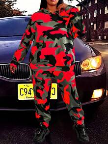 EMERY ROSE Women's Plus Size Camouflage Print Hooded Two-piece Set - Multicolor - View 4