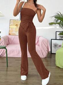 SHEIN EZwear Women's Drawstring Detail Asymmetric Hem Strapless Top And Pants Set - Brown - View 1