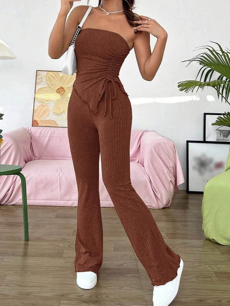 SHEIN EZwear Women's Drawstring Detail Asymmetric Hem Strapless Top And Pants Set - Brown - View 1