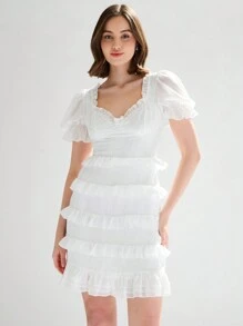 Enchnt Women's Romantic Multi-Layered Ruffle Hem Puff Sleeve Dress, Summer - White - View 7
