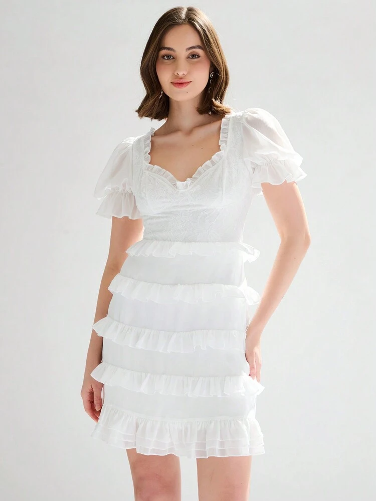 Women's Romantic Multi-Layered Ruffle Hem Puff Sleeve Dress, Summer