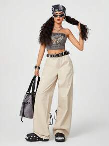 SHEIN EZwear 抽绳腰部多功能阔腿加长工装裤