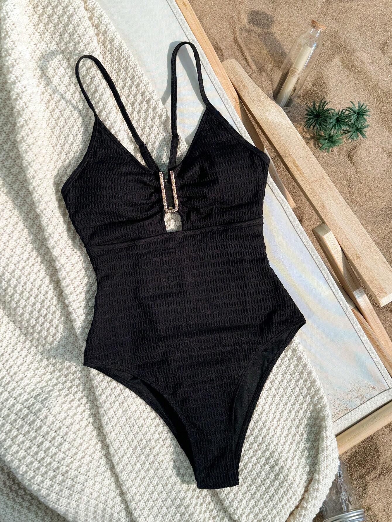 Swim Basics Maiô Com Alça Espaguete Em Cor Sólida Com Uma Peça - Preto - Visão 4