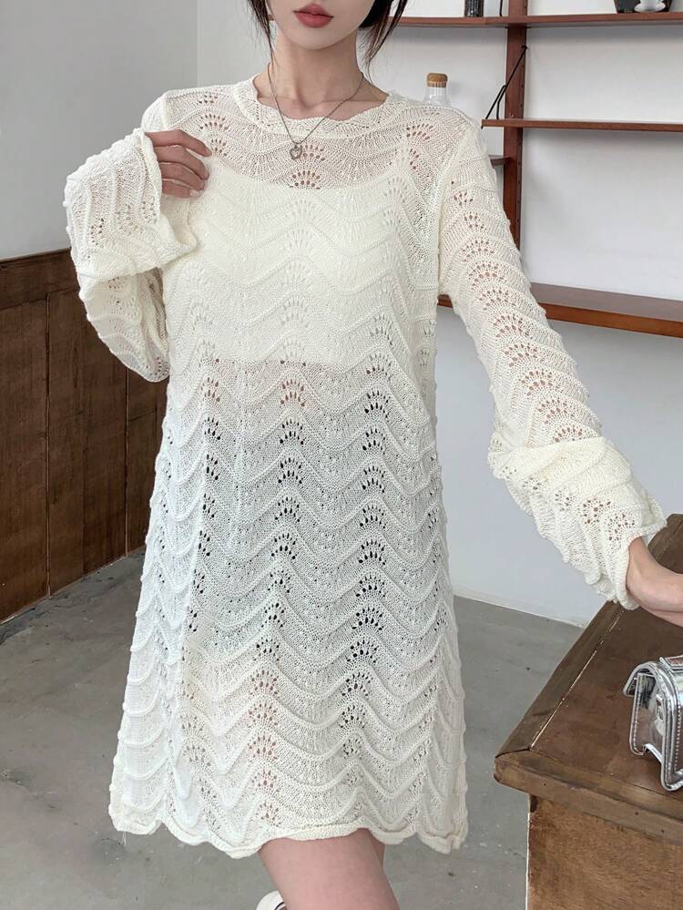 Women's Solid Color Hollow Out Long Sleeve Short Knitted Sweater Dress Sheer