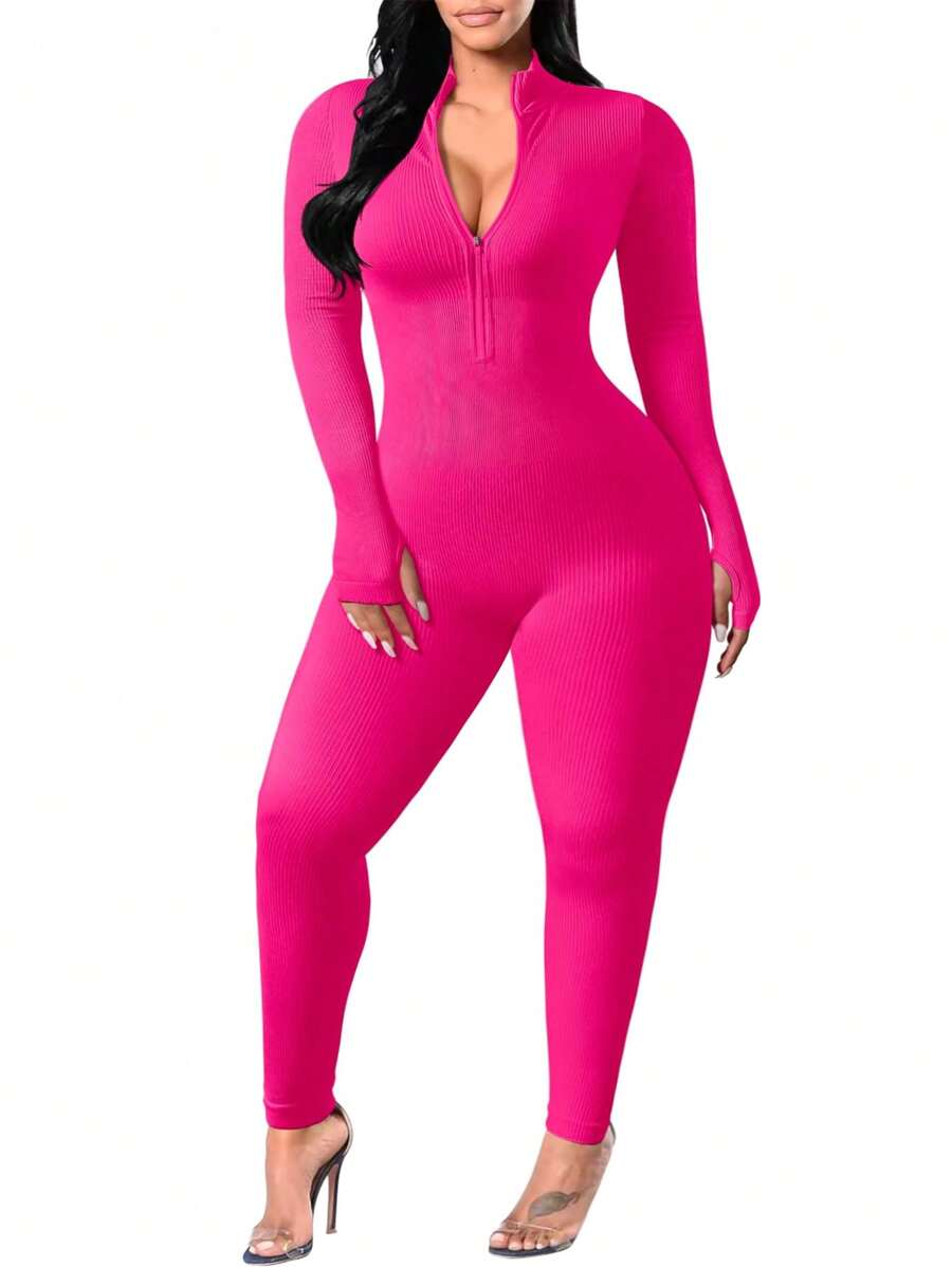 SHEIN Sports Kích thước lớn Liền mạch Áo liền quần thể thao - Màu Hồng Tươi - Xem 1