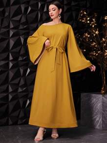 Modelyn Women's Asymmetrical Shoulder Flare Sleeve Belted Dress,Elegant Evening Party Dress Long Evening Dresses