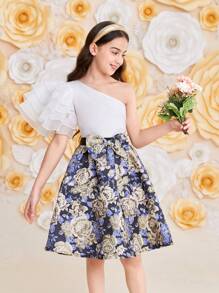 SHEIN Tween Girl 华丽荷叶边单肩两件套服装 - 藍色 - 查看 5