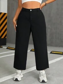 SHEIN EZwear Plus Size Solid Color Frayed Hem Boyfriend Jeans - Black - View 1