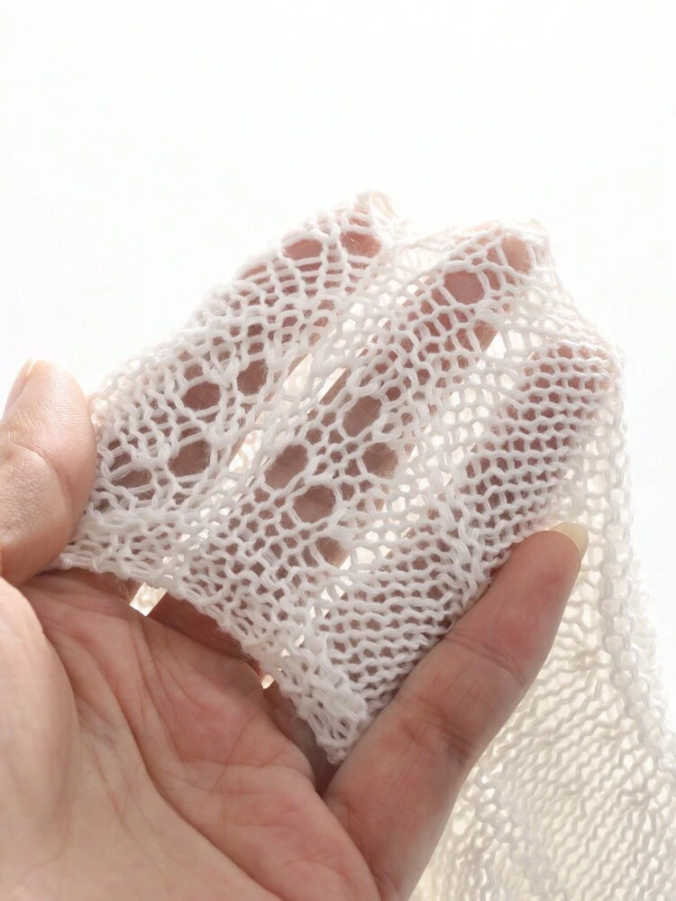 Women's Solid Color Hollow Out Long Sleeve Short Knitted Sweater Dress Sheer