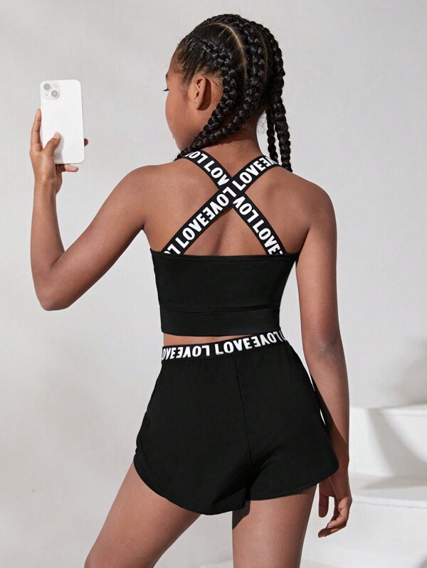 SHEIN Tween Mädchen-sportset Aus Strick-patchwork Mit Buchstaben Und Schleifendetail, Weste Und Shorts