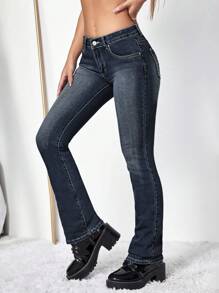 SHEIN ICON Women's Embroidered Skinny Jeans - Dark Wash - View 4