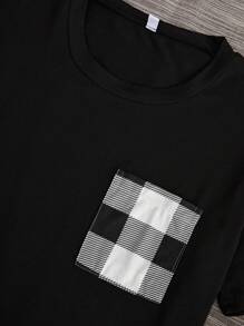 SHEIN 女士格紋睡衣套裝,附拼接口袋上衣和褲子 - 黑與白 - 查看 3