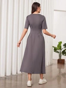 Seusyu 女款口號印花束腰針織裙 - 灰色 - 查看 2