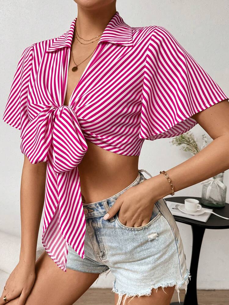 Women's Striped Ruffled Short Sleeve Blouse
