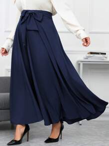 SHEIN Clasi Plus Size Solid Color Tie Belt Umbrella Skirt - Navy Blue - View 5
