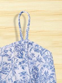SHEIN 少女藍白瓷印花吊帶上衣 - 藍色 - 查看 4