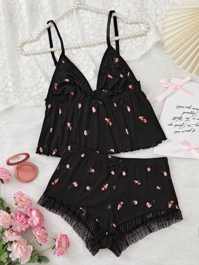 CottageSlumber 花卉印花荷葉邊背心上衣與短褲睡衣套裝