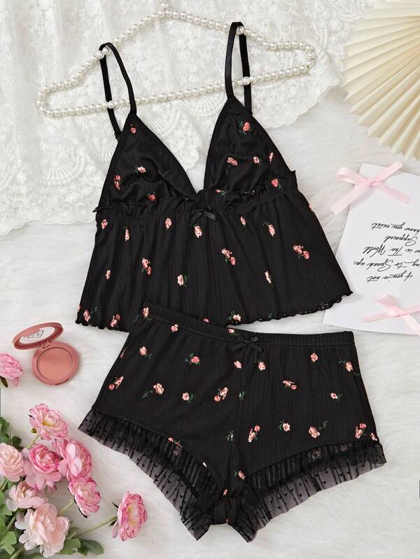 Floral Printed Frilled Cami Top With Shorts Pajama Set