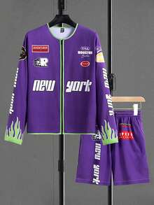 Manfinity Roghcode 男士字母及火焰印花長袖上衣和短褲套裝 - 彩色 - 查看 3