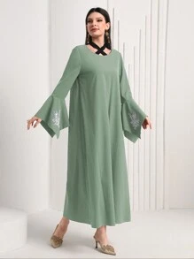 Al Najma Vestido De Manga Acampanada Bordado Para Mujer - Verde - Ver 3