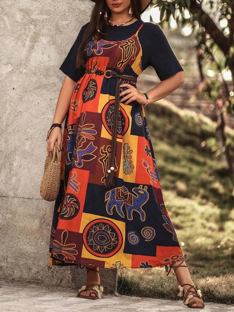 Plus Size Women's Patchwork Printed Round Neck Short Sleeve Dress