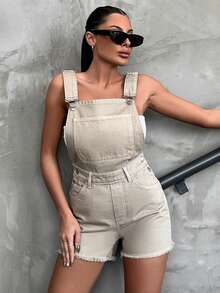 SHEIN Cottnline Women's Frayed Denim Overall Shorts - Brown - View 4