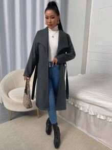 EURMUSE Waterfall Collar Dual Pocket Belted Overcoat - Dark Grey - View 1