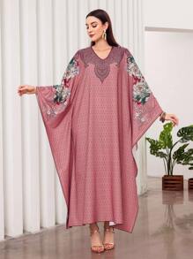 Al Najma Floral Print Batwing Sleeve V-Neck Kaftan