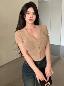 DAZY Cổ chữ V Nút xuống Ngắn tay Quần skinny Áo len Mở - Lạc đà - Xem 3