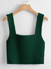 Zovinel Solid Color Square Collar Knit Ribbed Sweater, Women's - Green - View 2