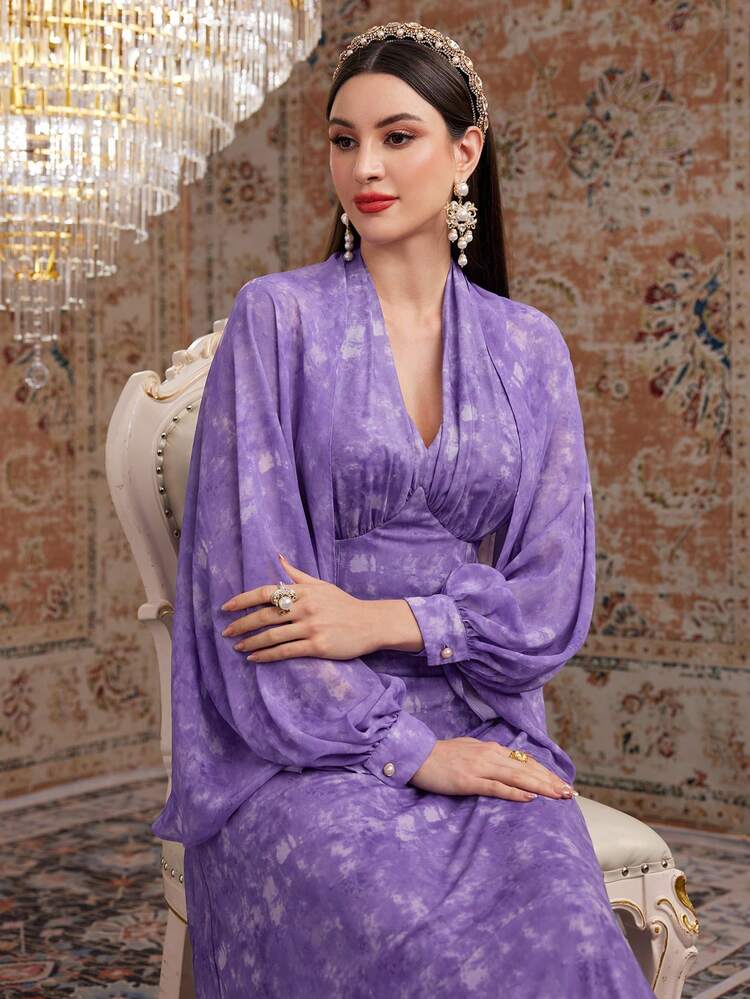 Full Printed V-Neck Drawstring Waist Dress And Jacket,Elegant Evening Party Dress 2 Pieces Set