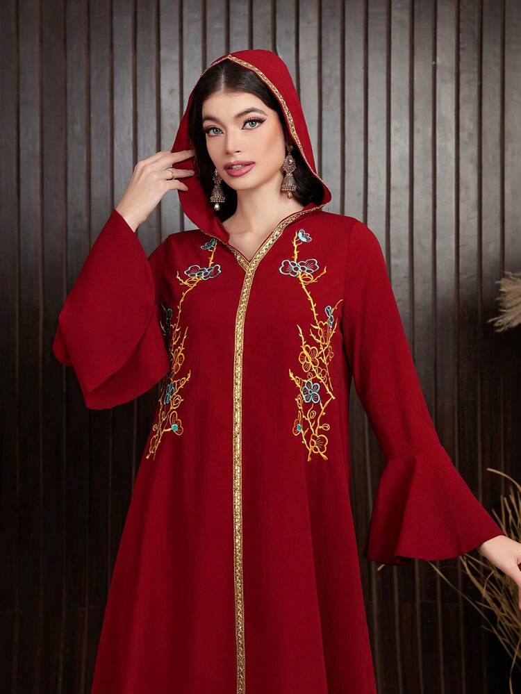 Burgundy Red Women's Elegant Embroidered Dress Fall Cloth For Women