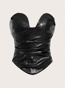 SHEIN ICON Asymmetrical Hem Short Cut Tight Fitting Pu Leather Bustier Strapless Black Corset Top - Black - View 1