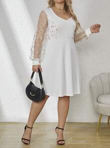 SHEIN Clasi 大尺碼女士花卉刺繡網紗長袖連衣裙 - 白色 - 查看 5