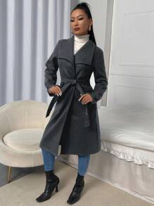 EURMUSE Waterfall Collar Dual Pocket Belted Overcoat - Dark Grey - View 5
