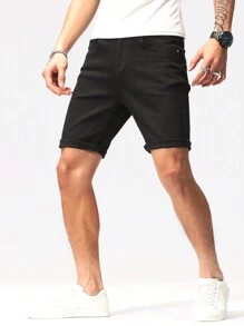 Manfinity Homme 男士基本款實色休閒卷邊牛仔褲 - 黑色 - 查看 1